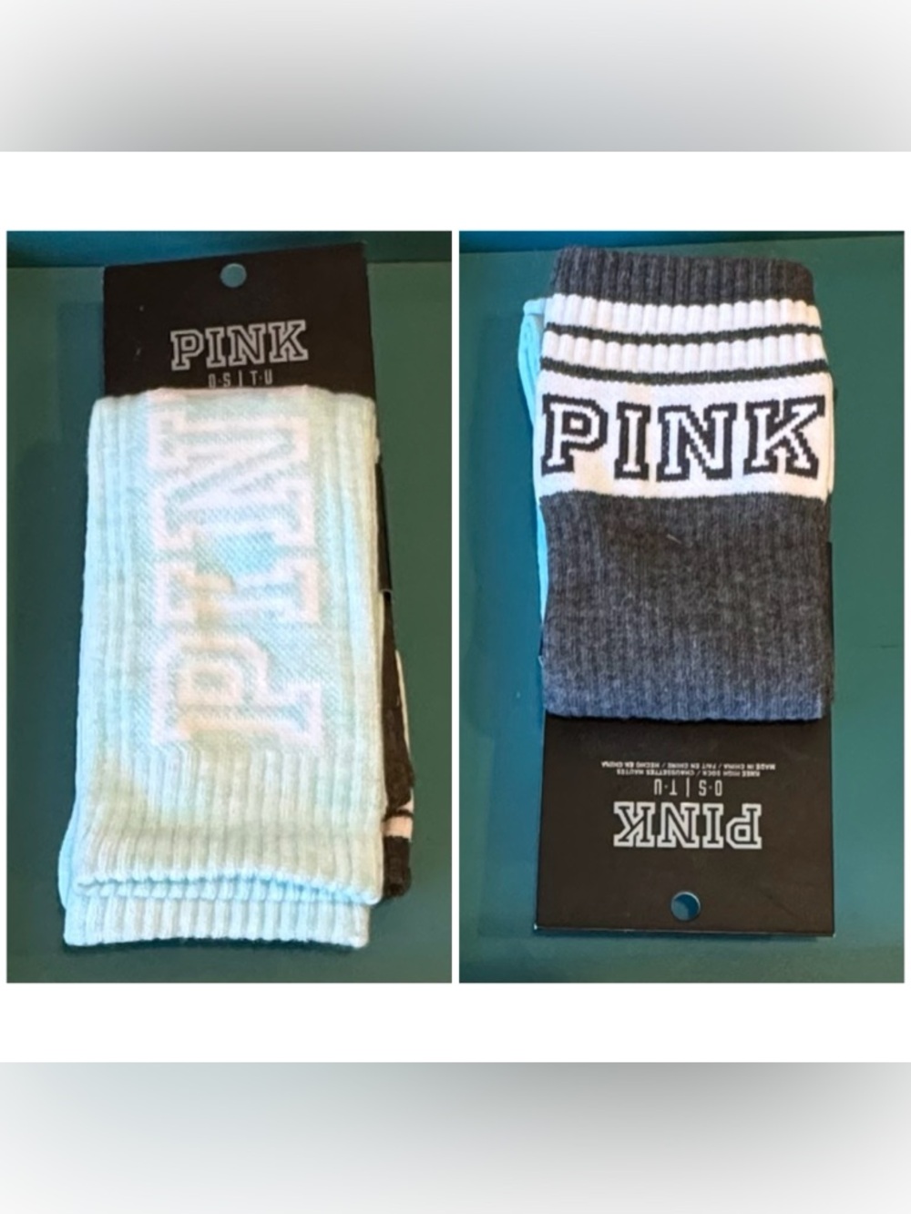 PINK Victoria's Secret Light Blue and Gray Logo Crew Socks (2 pairs in 1 pack)